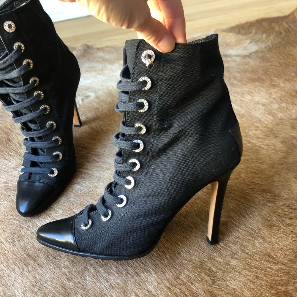 Manolo Blahnik Elegant Black Lace-Up Women's Boots with crystal accents size 38